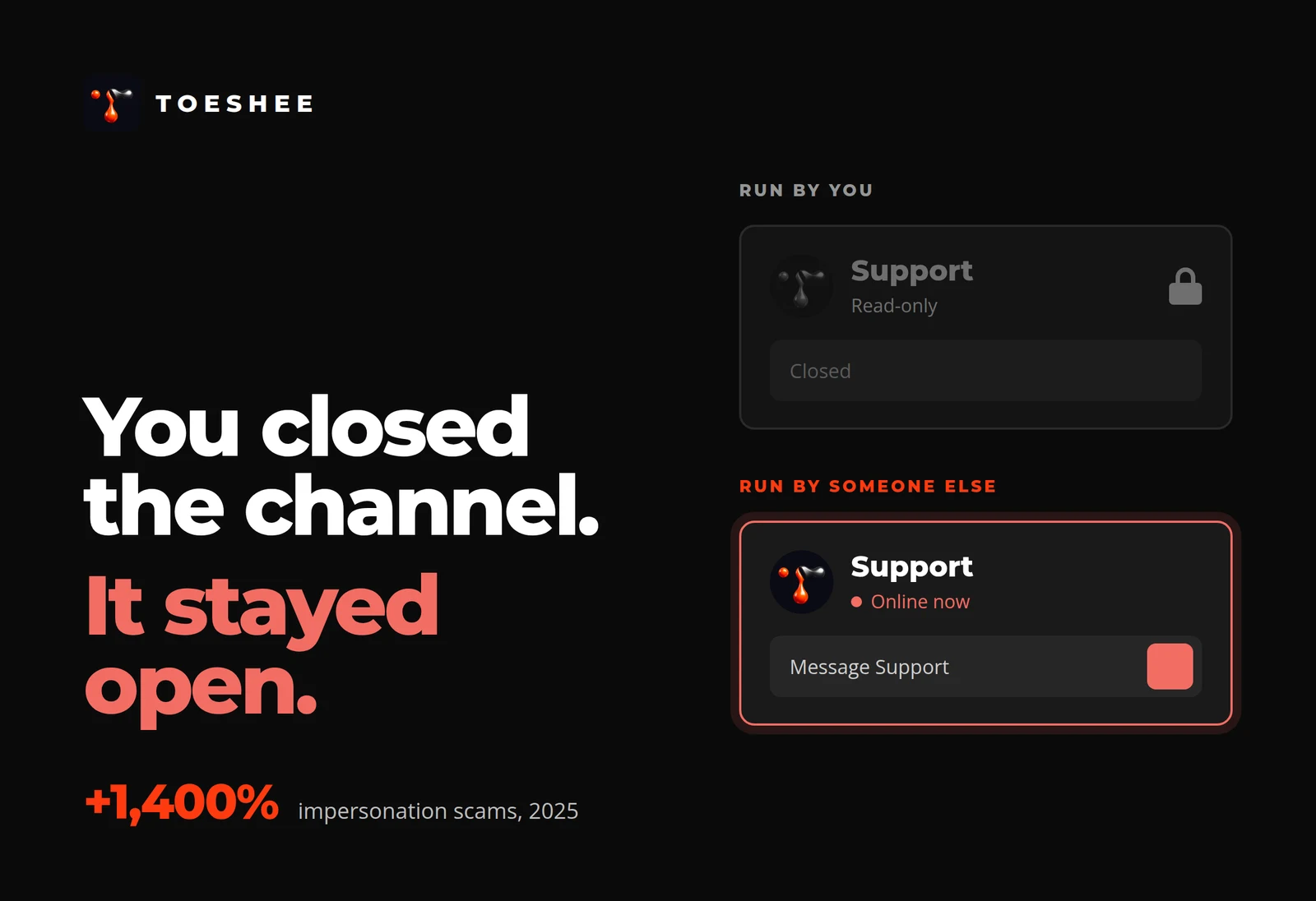 Toeshee — the support channel you ran, now closed and read-only, beside an impersonator's support account shown online and inviting messages