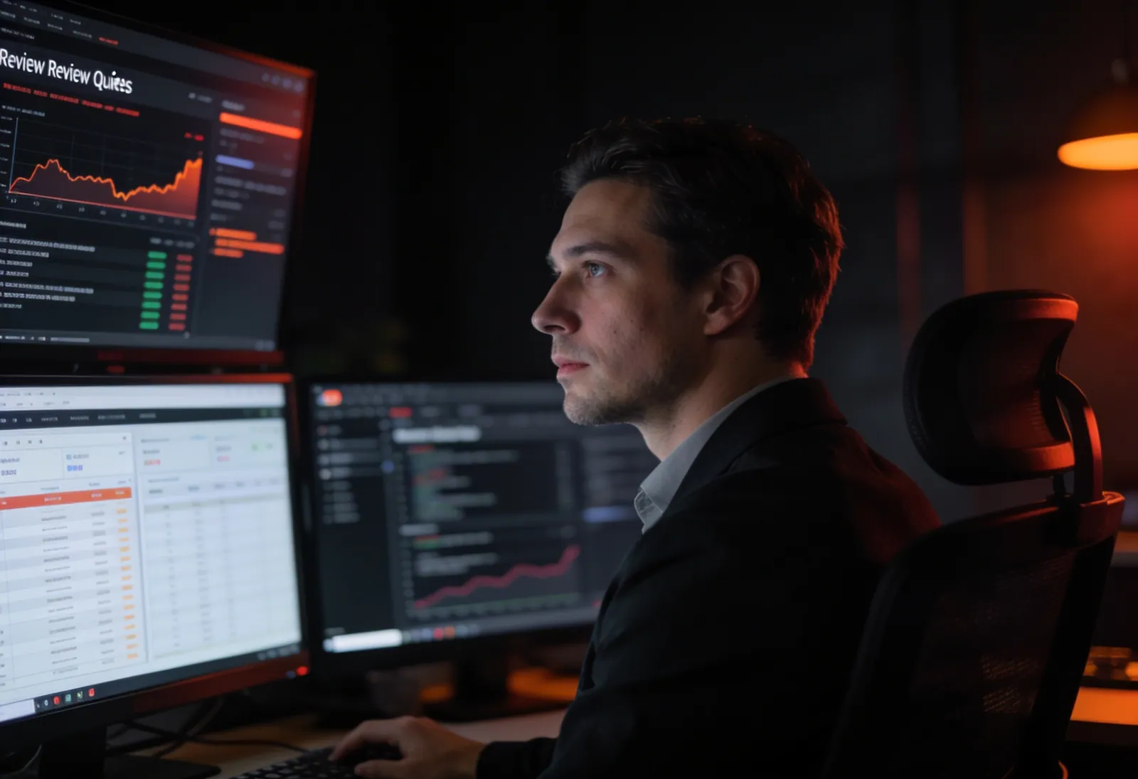 A compliance operations analyst reviewing audit dashboards and risk-review queues in a dark office