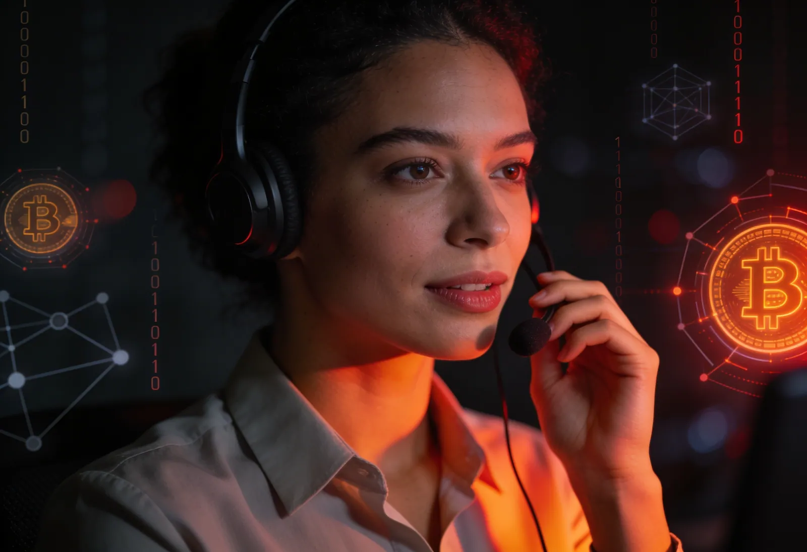 A crypto-fluent support specialist in conversation, with subtle blockchain motifs behind