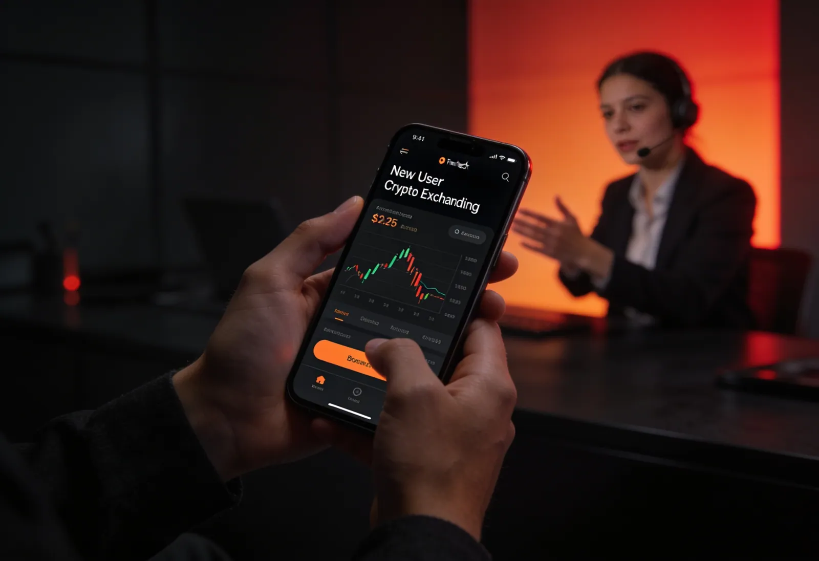 A new user onboarding to a crypto exchange on a phone with a support specialist guiding