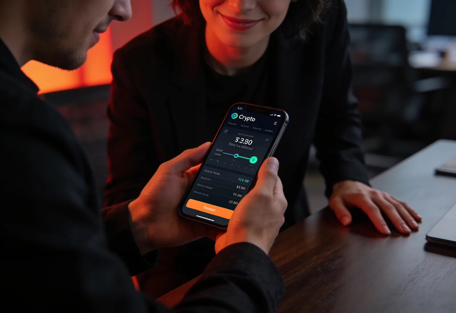 A person completing their first crypto transaction on a phone with a reassuring support presence