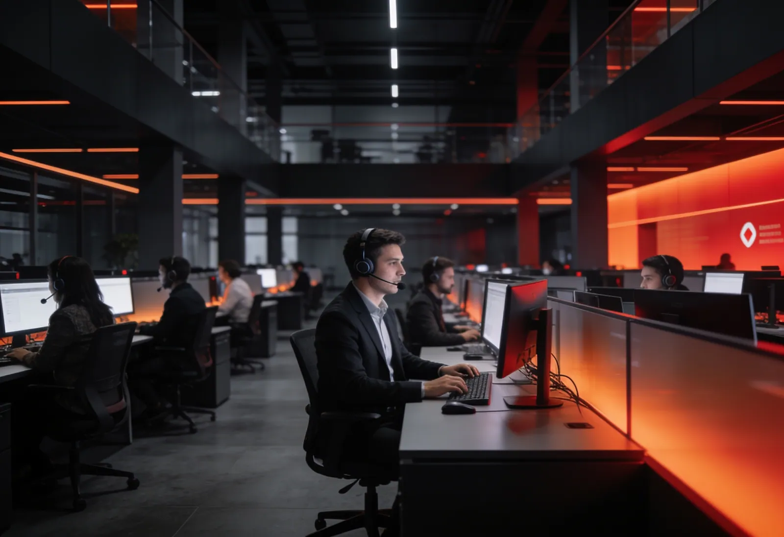 A modern crypto customer-support operations floor with specialists at workstations