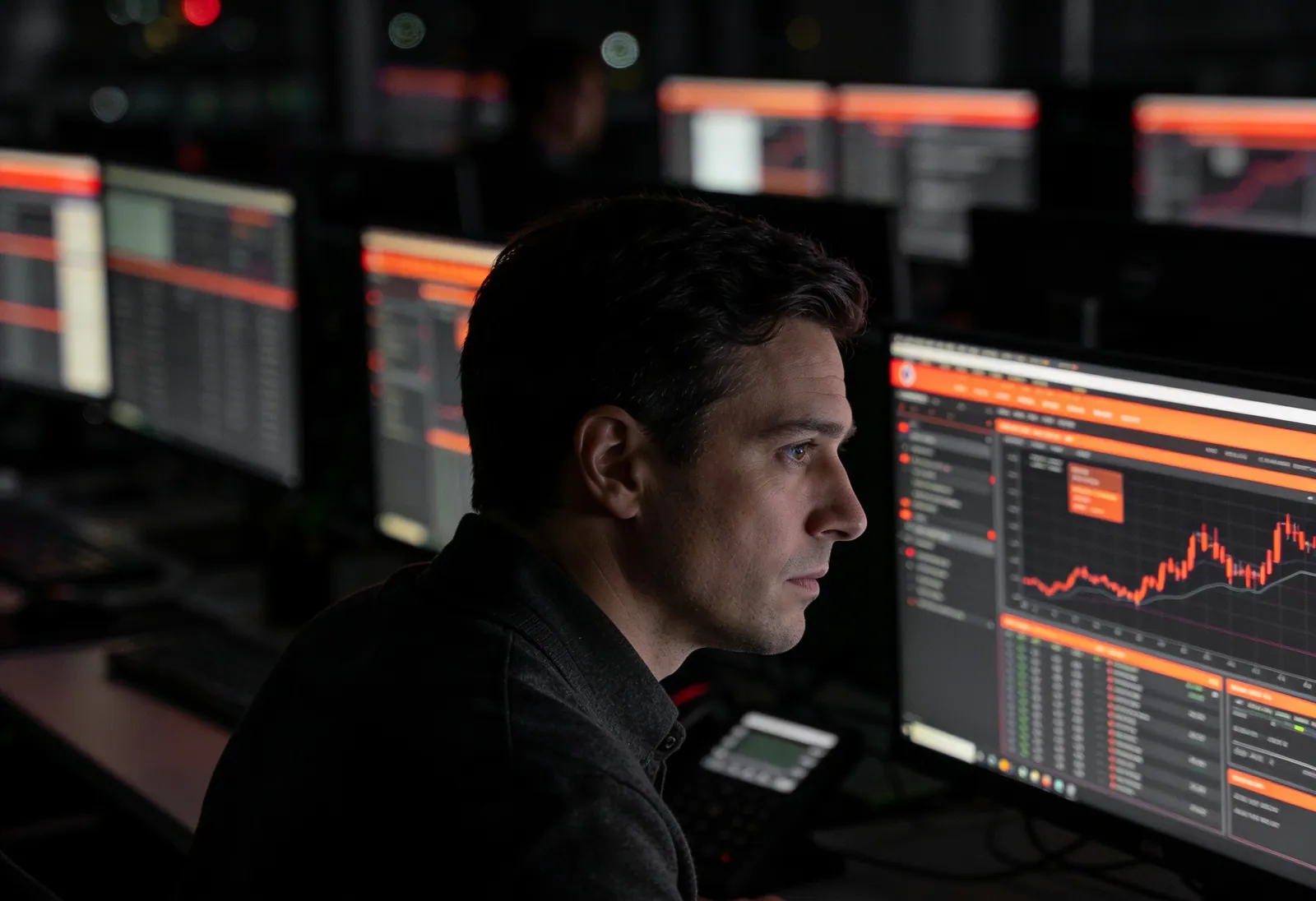 A security analyst monitoring crypto operations dashboards in a dark operations center