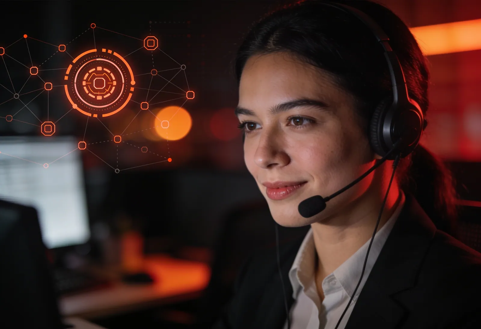 A specialist crypto-native support agent with abstract blockchain network motifs